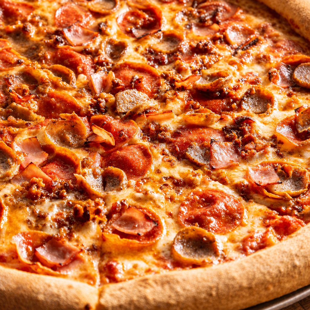 Meat lovers pizza slice.