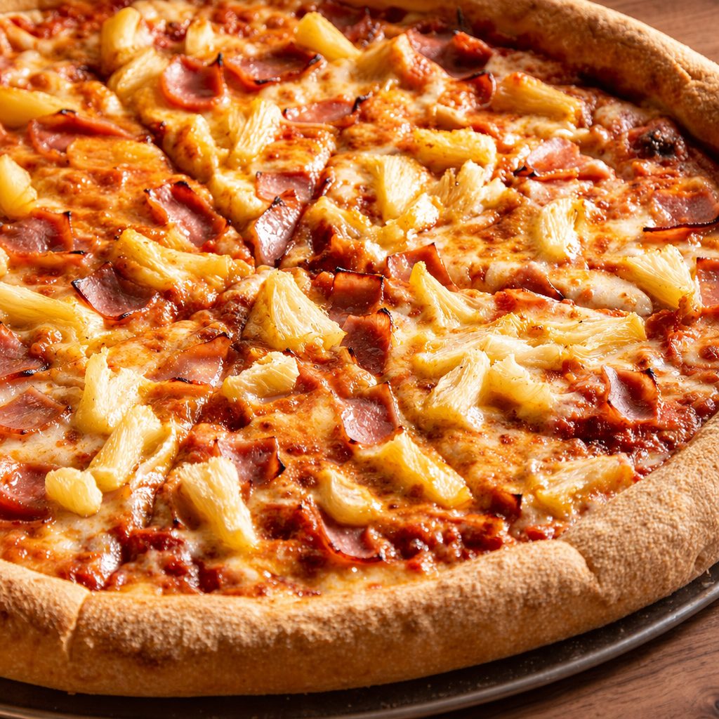 Hawaiian pizza slice.