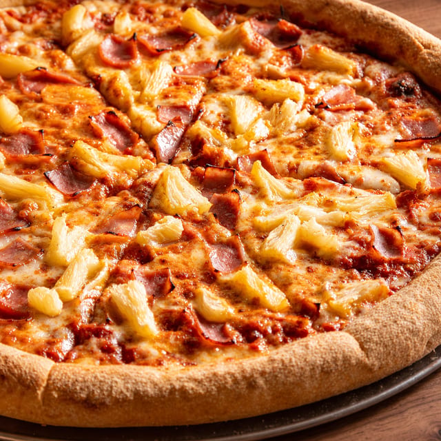 Hawaiian pizza slice.