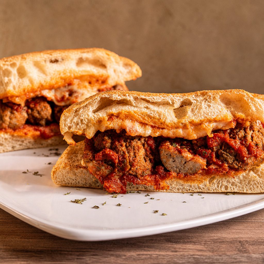 Sausage & Meatball Parmigiana Sandwich.
