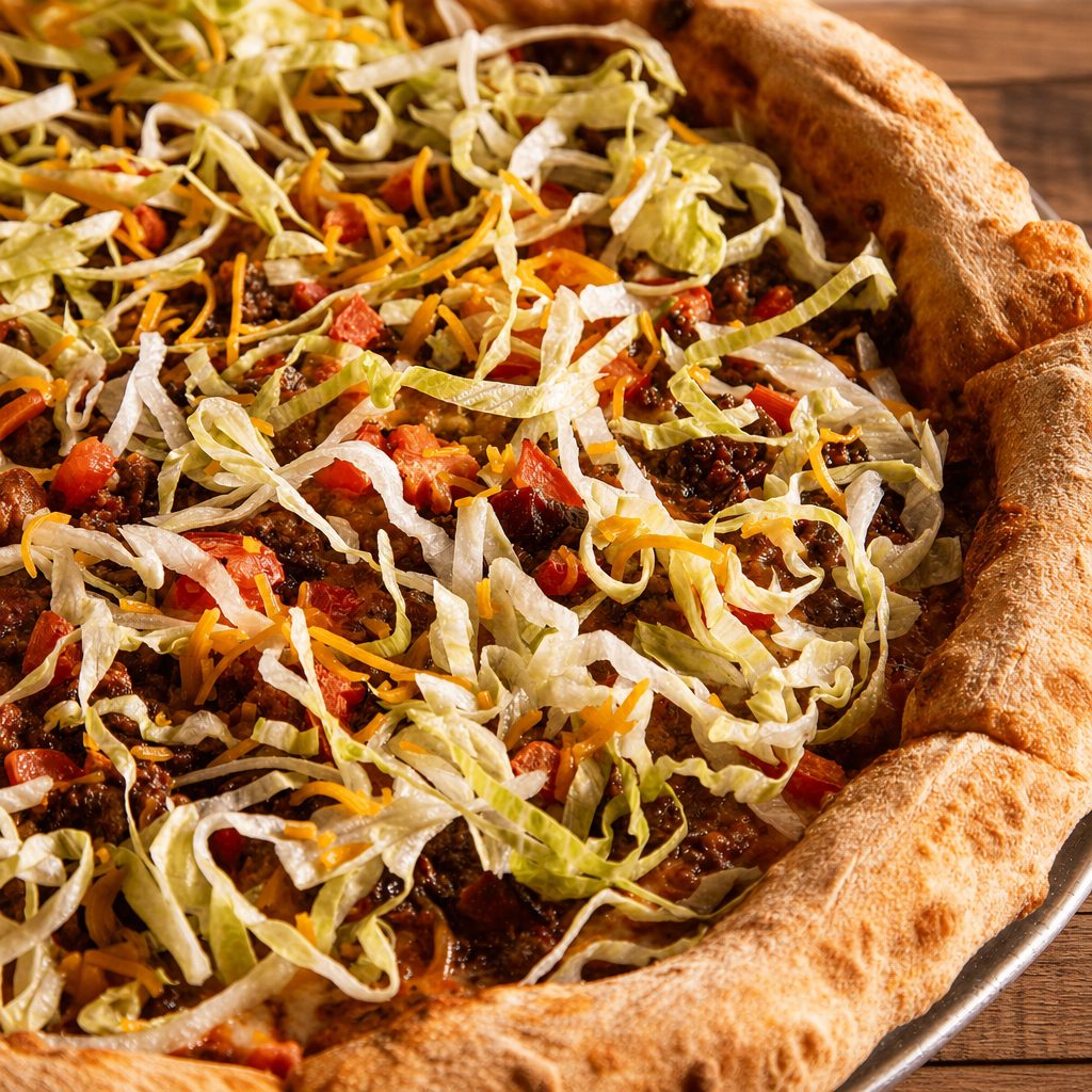 Bacon double cheeseburger pizza slice.