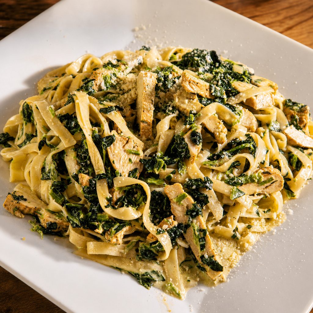 Chicken Spinach Alfredo Pasta Dinner.