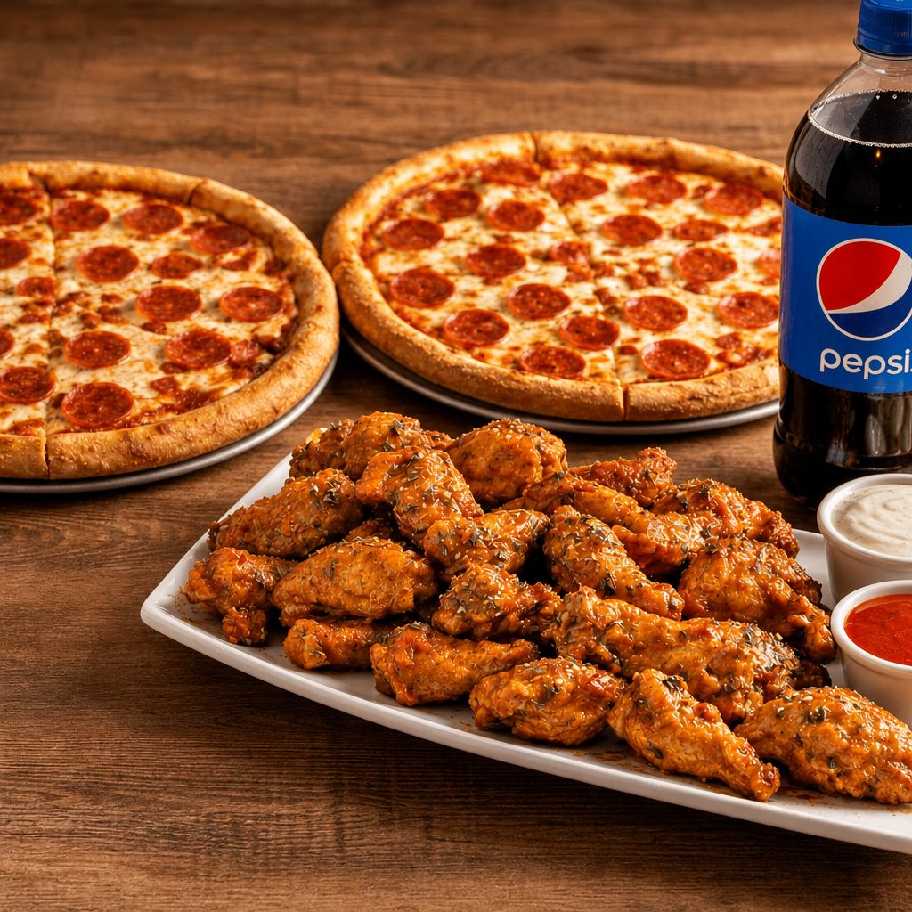 Two Large 16" Pizzas, 25 Wings & 2 Liter Soda Special.