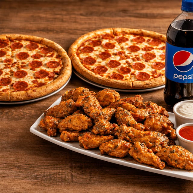 Two Large 16" Pizzas, 25 Wings & 2 Liter Soda Special.