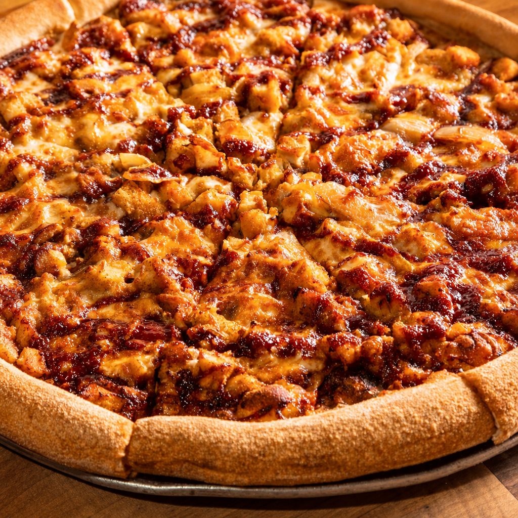 BBQ chicken pizza slice.
